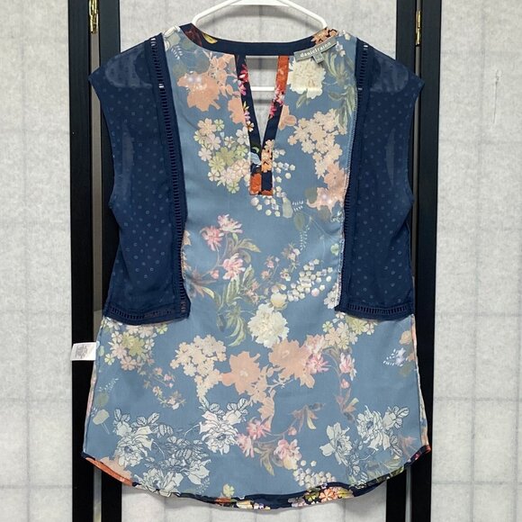 Daniel Rainn V Neck Sheer Keyhole Back Dot & Floral Top Navy Orange S Sleeveless - Picture 6 of 14